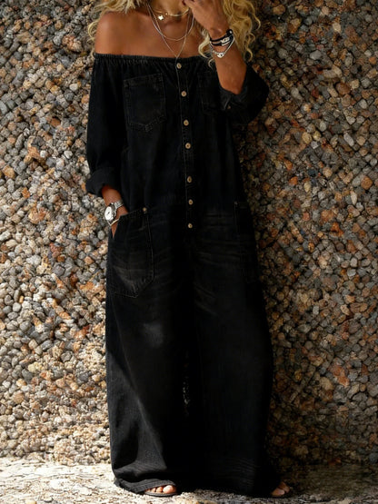 Off Shoulder Button Front Multi Pocket Jumpsuit