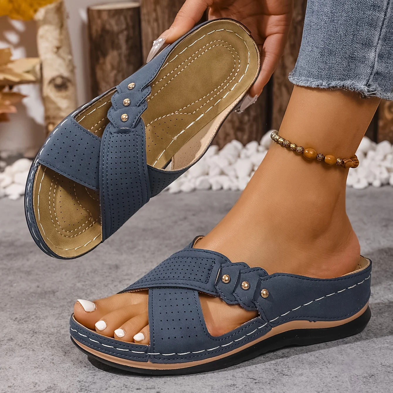 Crossed Studded Stitched Wedged Sandals