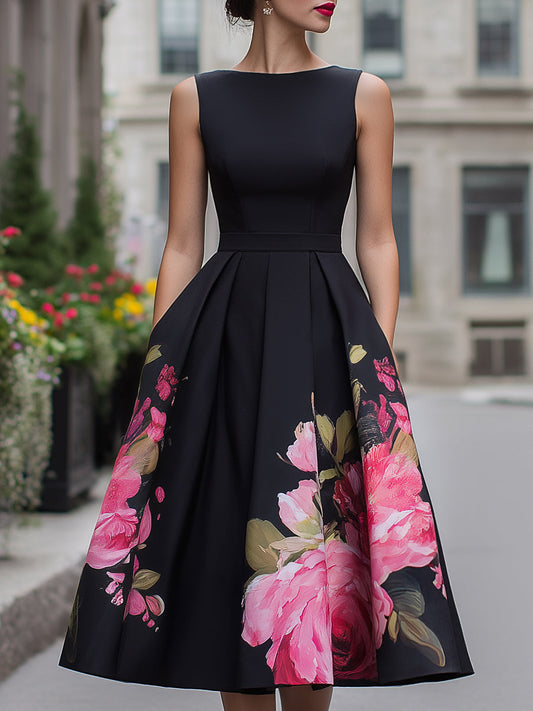 Floral Print Sleeveless Pleated A Line Dress