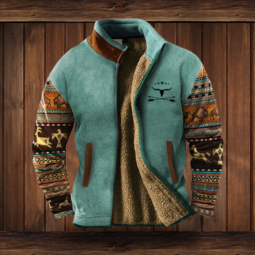 Men's Stand Collar Southwestern Print Sleeve Zip Jacket