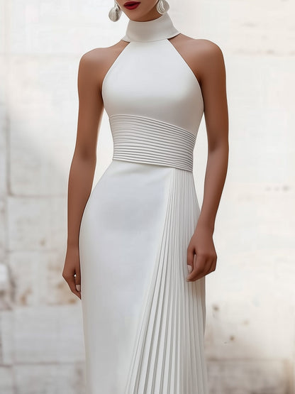 Halter Neck Fitted Pleated Longline Dress