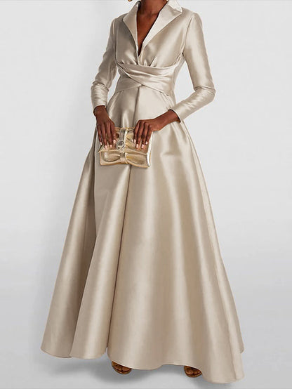 Lapel Neck Crisscross Satin A Line Maxi Dress