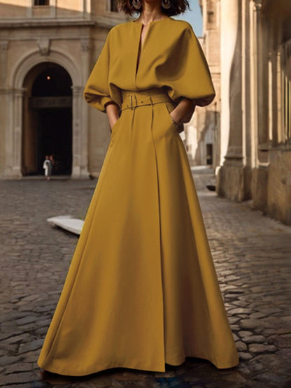 Belted Slit Maxi Paneled Structured Dress