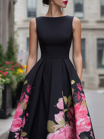 Floral Print Sleeveless Pleated A Line Dress