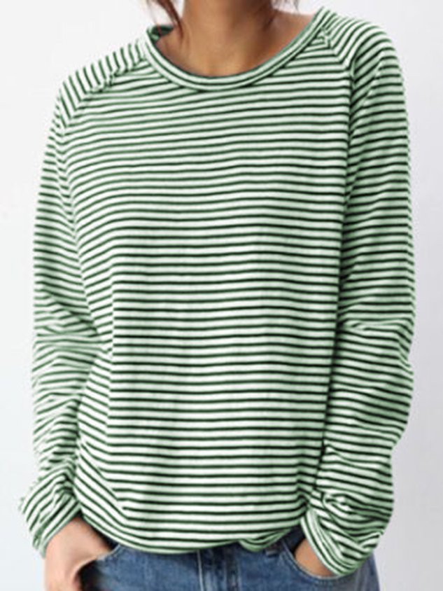 Crew Neck Long Sleeve Striped Sweatshirt For Women