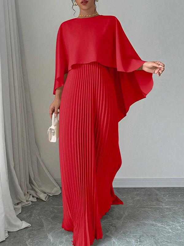Cape Layered Pleated Round High Maxi Dress