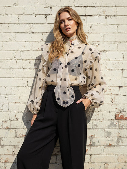 Polka Dot Ruffle Trim Sheer Mock Neck Blouse