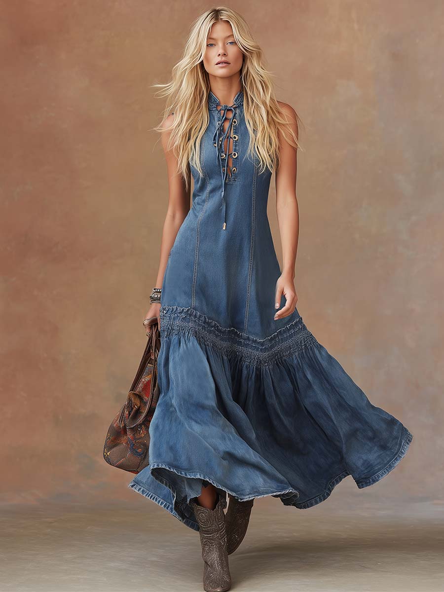 Sleeveless Collared Laced Seamed Gathered Maxi Dress