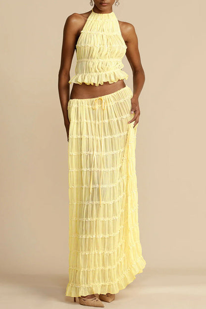 Drawstring Waist Layered Chiffon Set