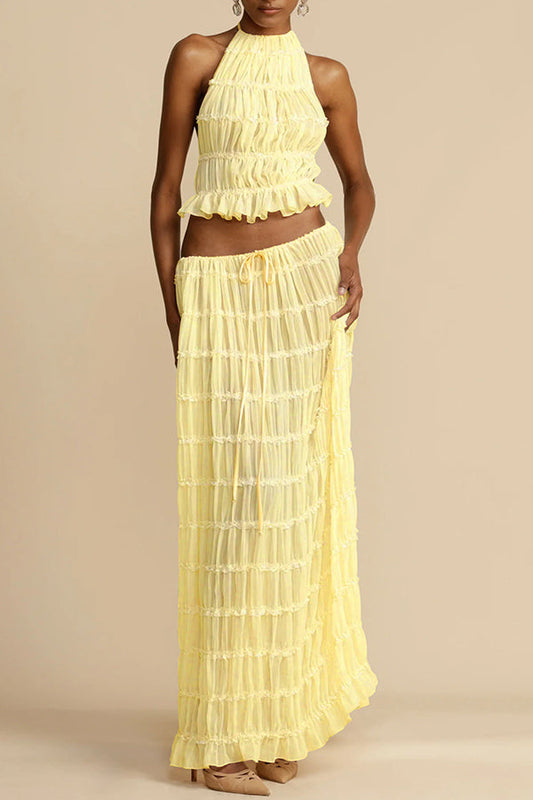 Drawstring Waist Layered Chiffon Set