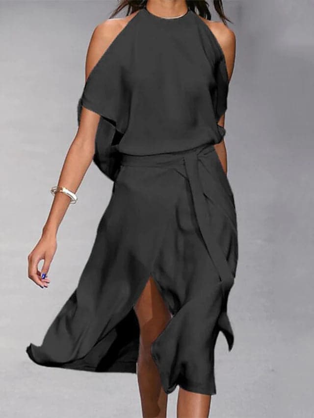 Halter Draped Belted Slit Midi Dress