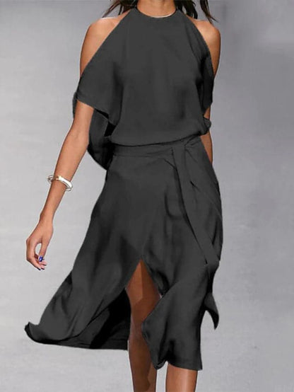 Halter Draped Belted Slit Midi Dress