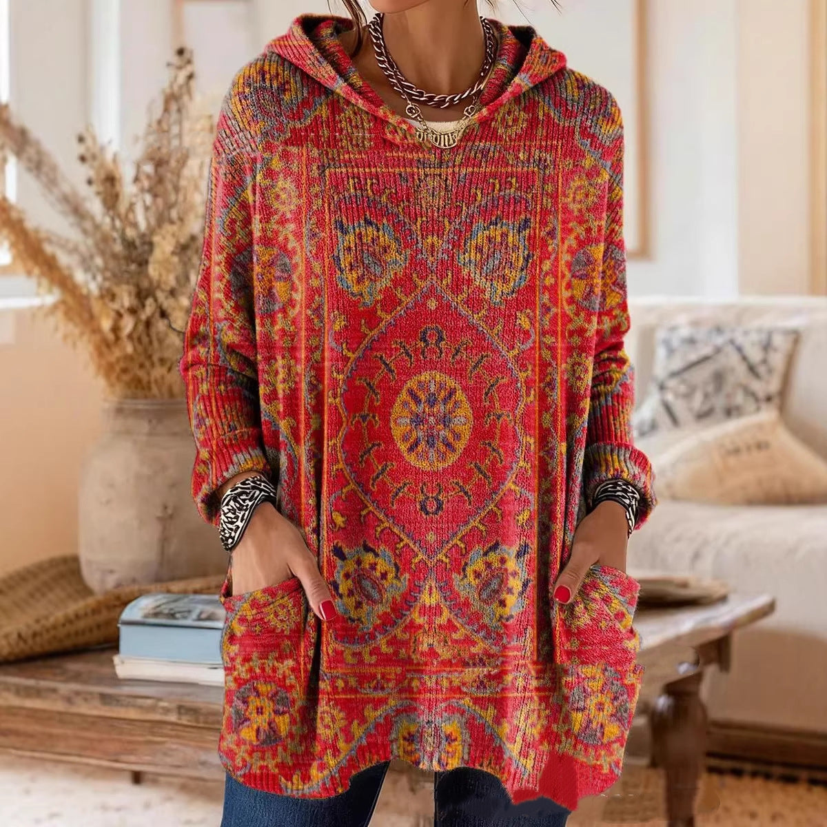Women's Hooded Long Sleeve Retro Print Tunic with Pockets