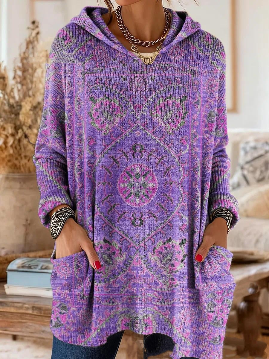 Women's Hooded Long Sleeve Retro Print Tunic with Pockets