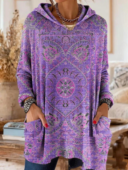 Women's Hooded Long Sleeve Retro Print Tunic with Pockets