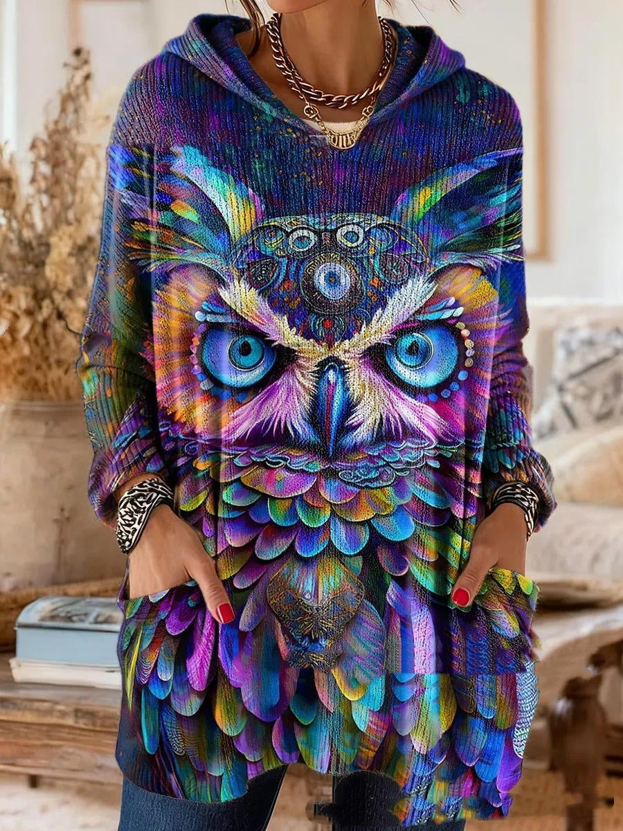 Women's Hooded Long Sleeve Retro Print Tunic with Pockets