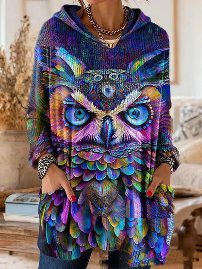 Women's Hooded Long Sleeve Retro Print Tunic with Pockets