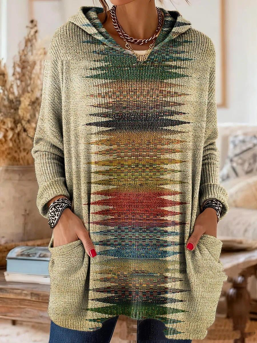 Women's Hooded Long Sleeve Retro Print Tunic with Pockets