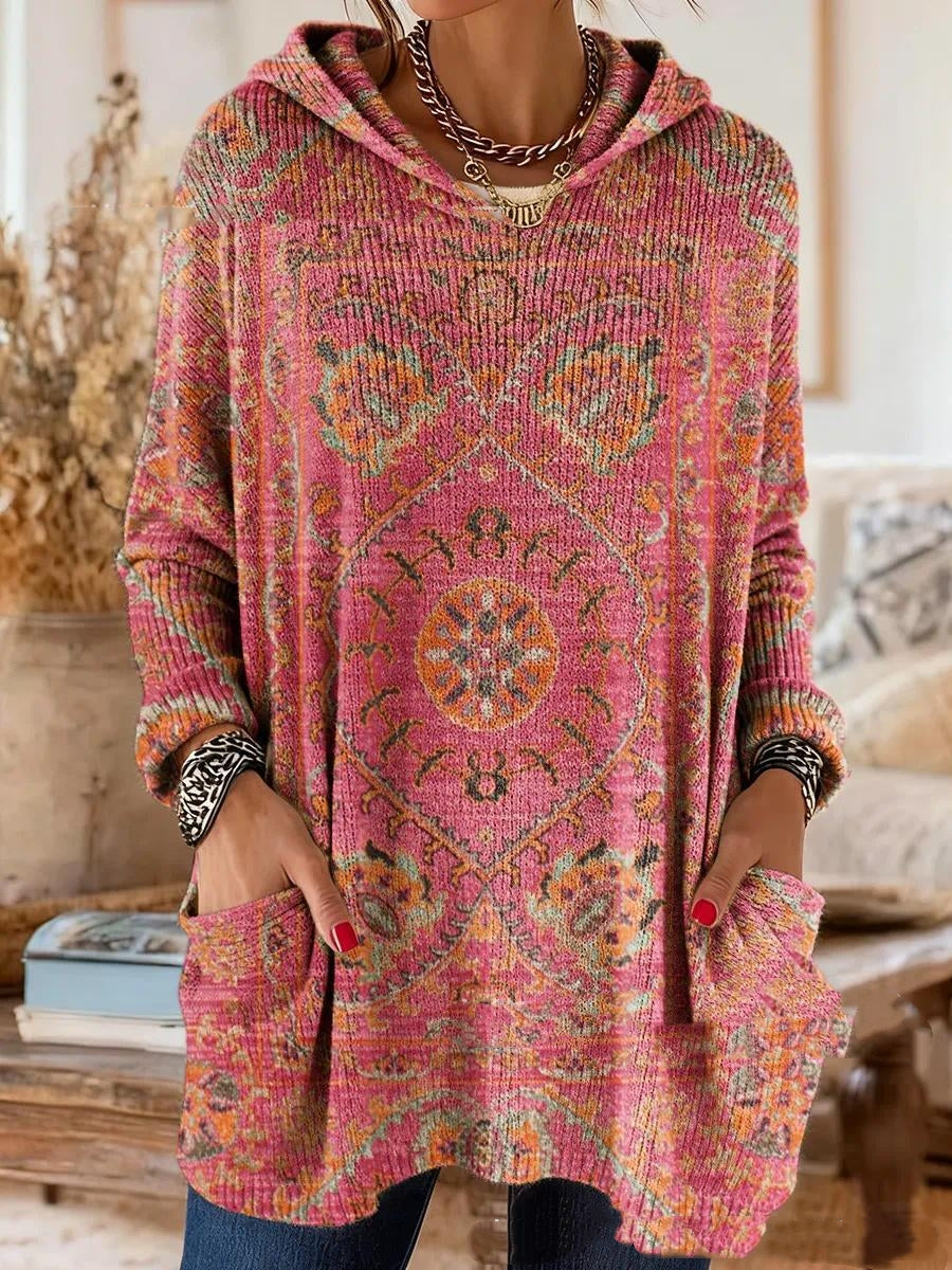 Women's Hooded Long Sleeve Retro Print Tunic with Pockets