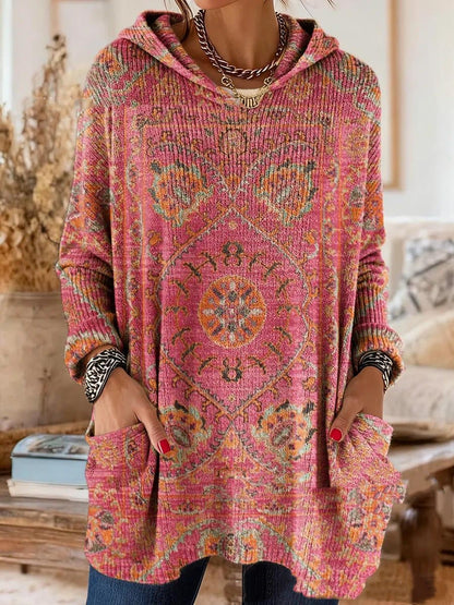 Women's Hooded Long Sleeve Retro Print Tunic with Pockets