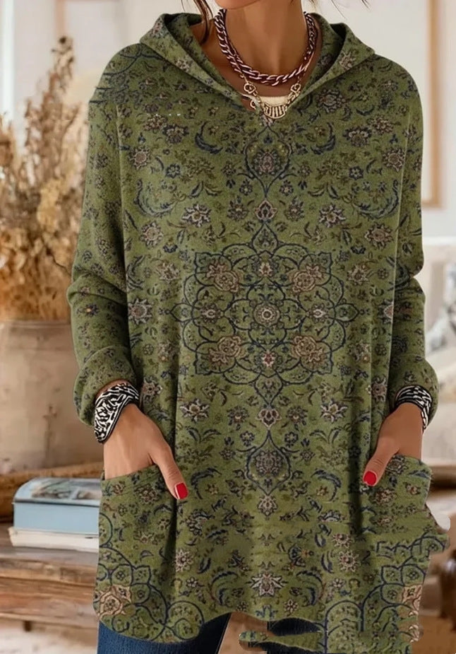 Women's Hooded Long Sleeve Retro Print Tunic with Pockets