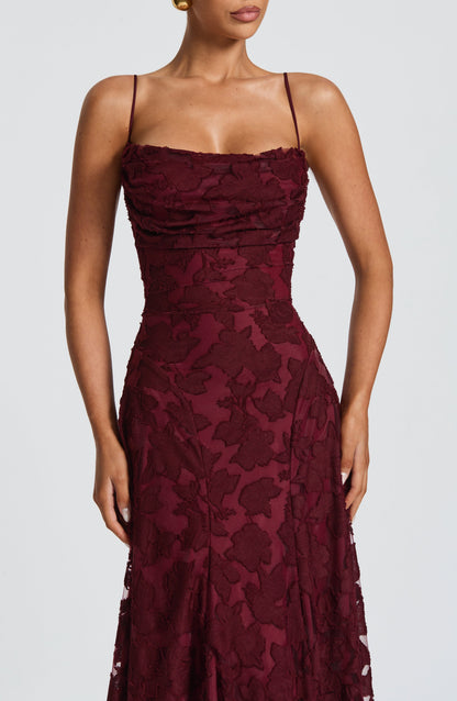 Strappy Ruched Textured Flared Maxi Dress