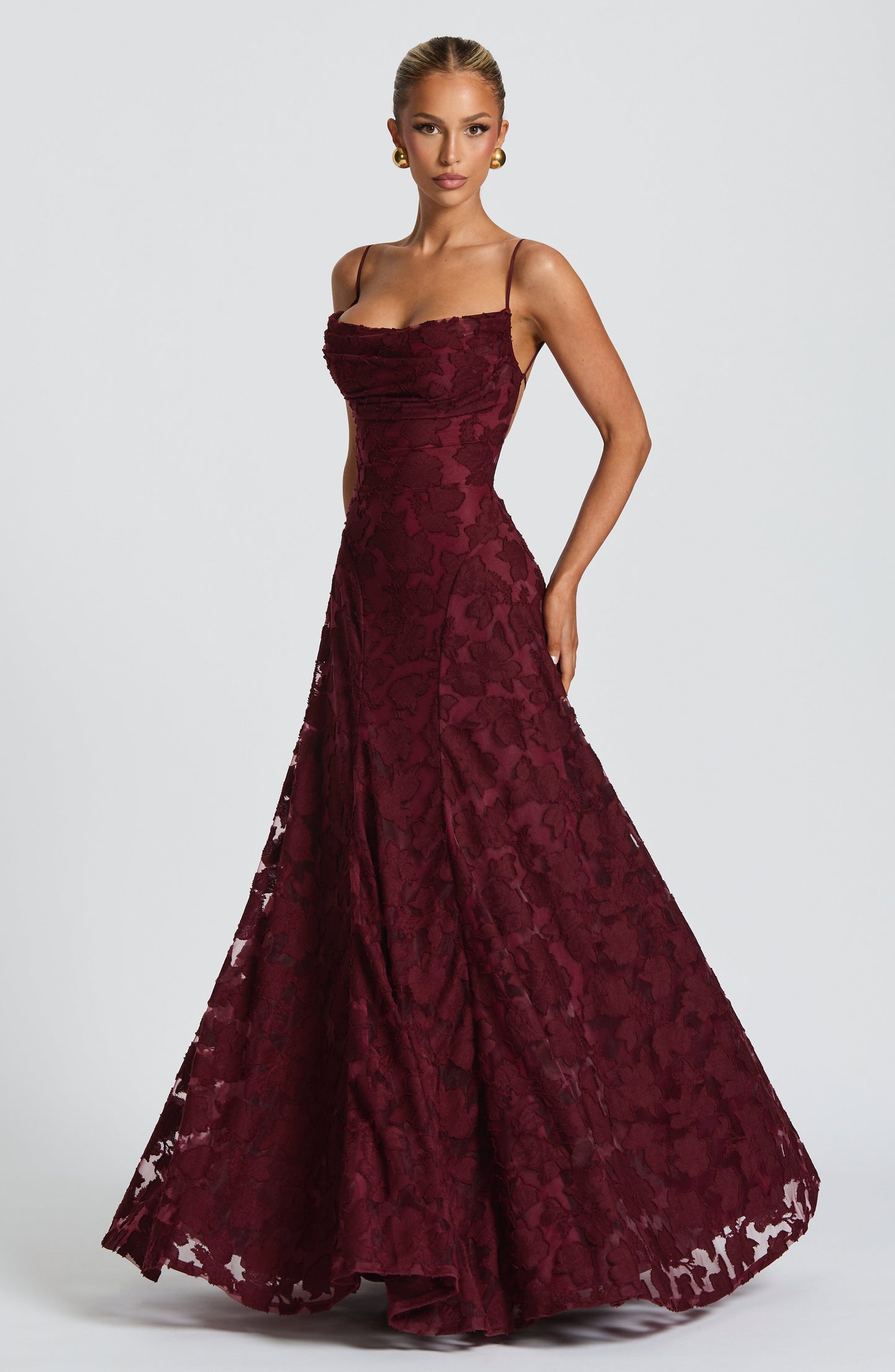 Strappy Ruched Textured Flared Maxi Dress