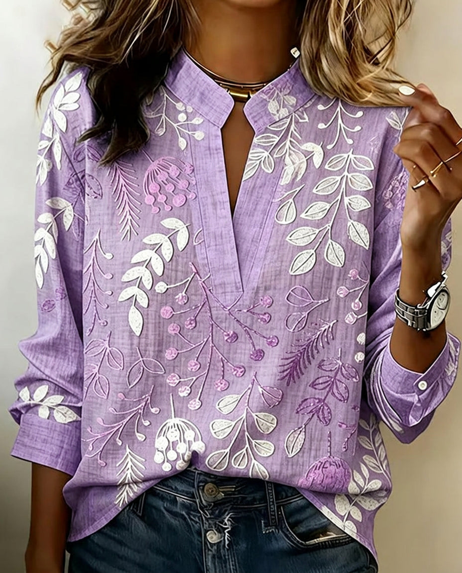 Patterned Banded Split Buttoned Flowy Top