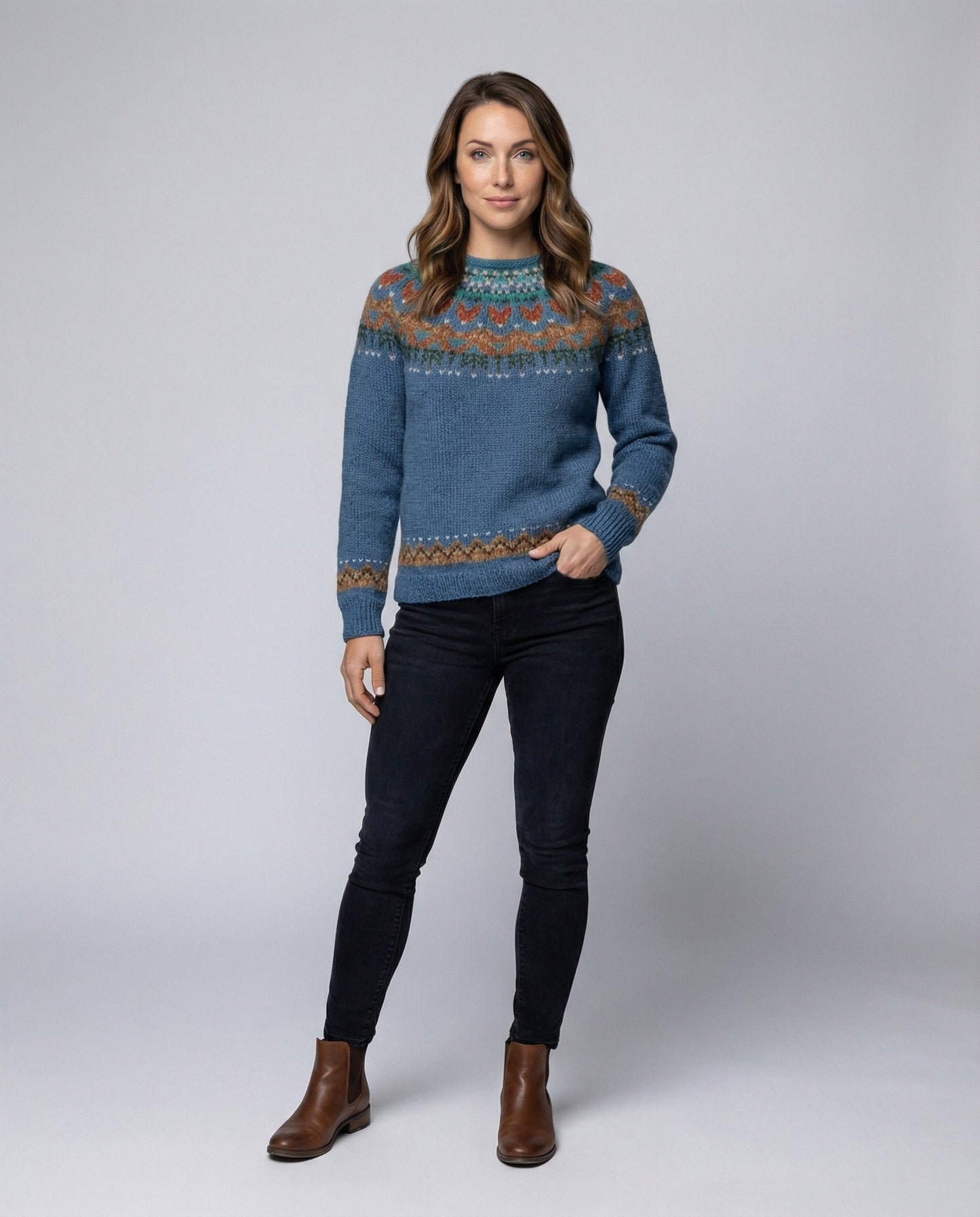 Patterned Yoked Ribbed Cuffed Round Long Sweater