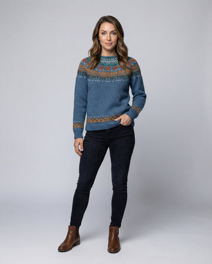 Patterned Yoked Ribbed Cuffed Round Long Sweater