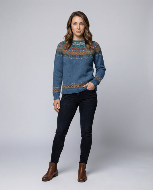 Patterned Yoked Ribbed Cuffed Round Long Sweater