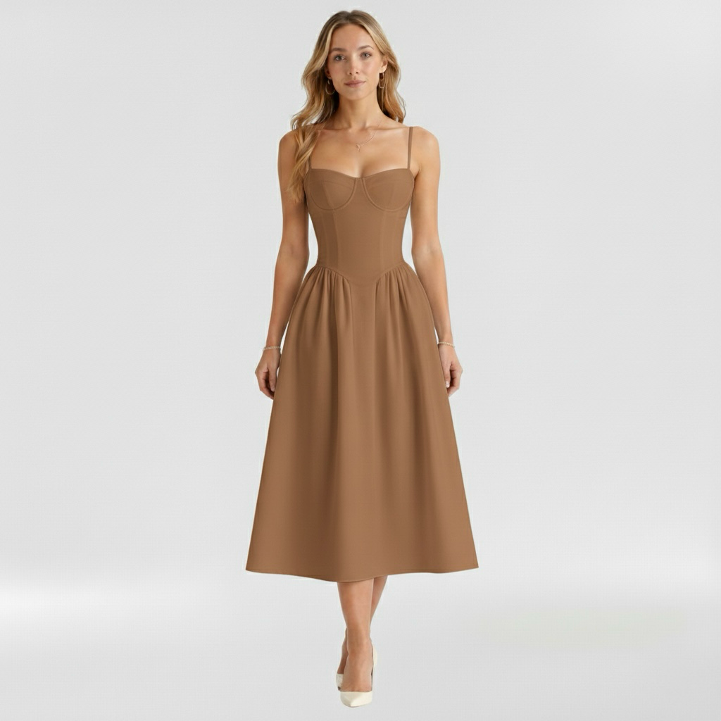 Corset Structured Sleeveless Paneled Gathered Midi Dress
