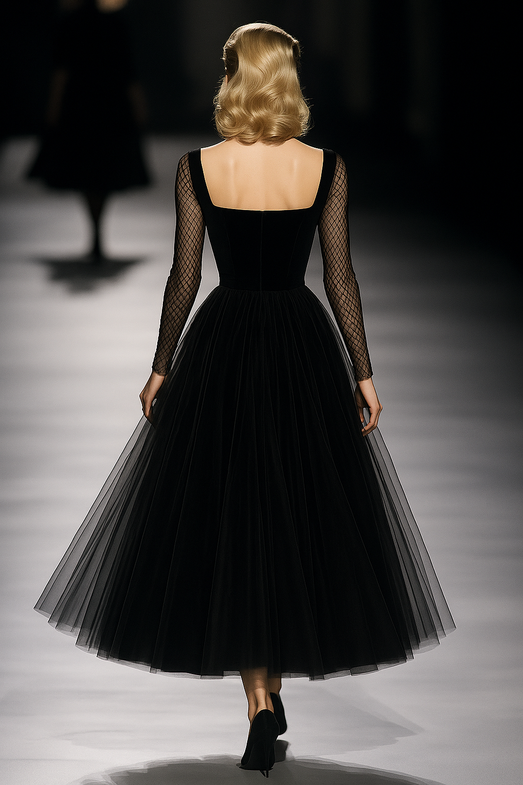 Fitted Gathered Long Flared Midi Dress