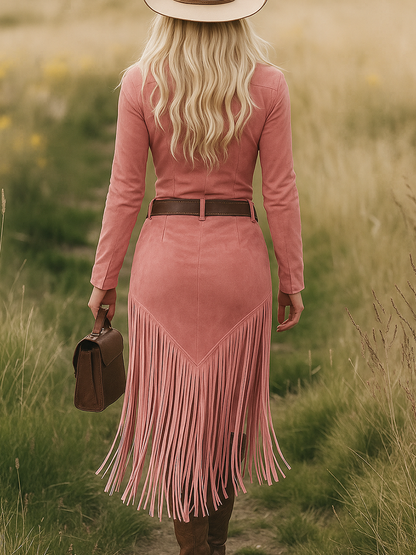 Zippered Pocketed Fringed Fitted Asymmetric Dress