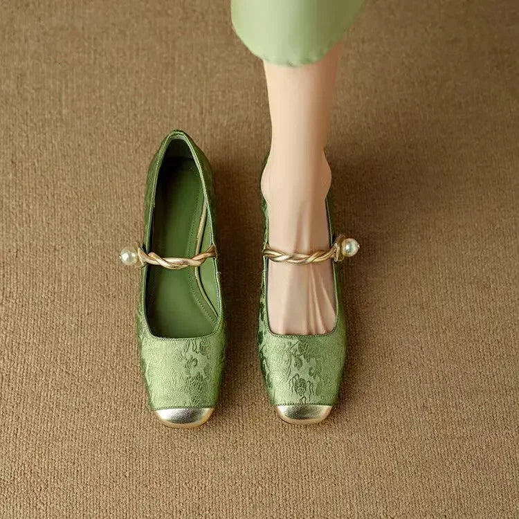 Twisted Strap Low Chunky Heel Patterned Shoes