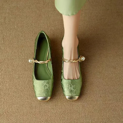 Twisted Strap Low Chunky Heel Patterned Shoes