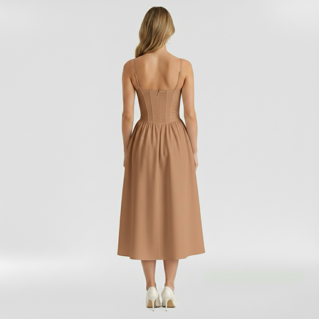 Corset Structured Sleeveless Paneled Gathered Midi Dress