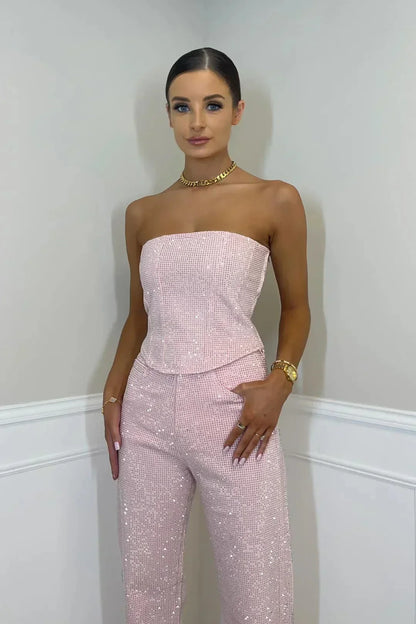 Strapless Rhinestone Embellished Corset Straight Leg Set