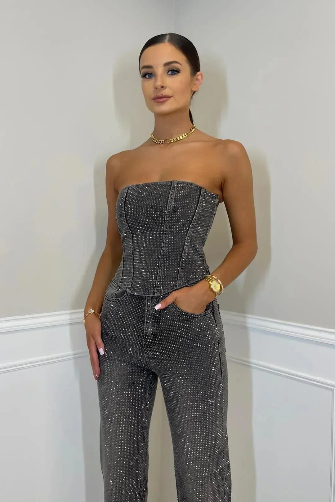 Strapless Rhinestone Embellished Corset Straight Leg Set
