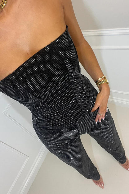 Strapless Rhinestone Embellished Corset Straight Leg Set