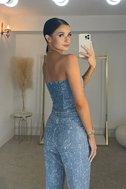 Strapless Rhinestone Embellished Corset Straight Leg Set