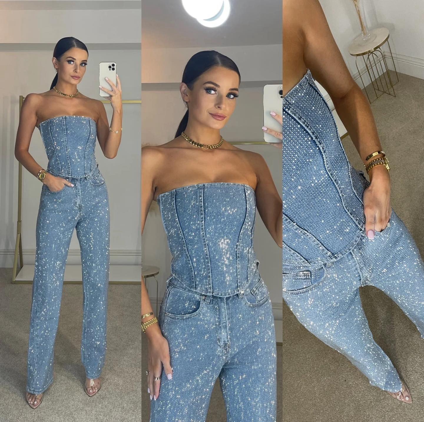 Strapless Rhinestone Embellished Corset Straight Leg Set