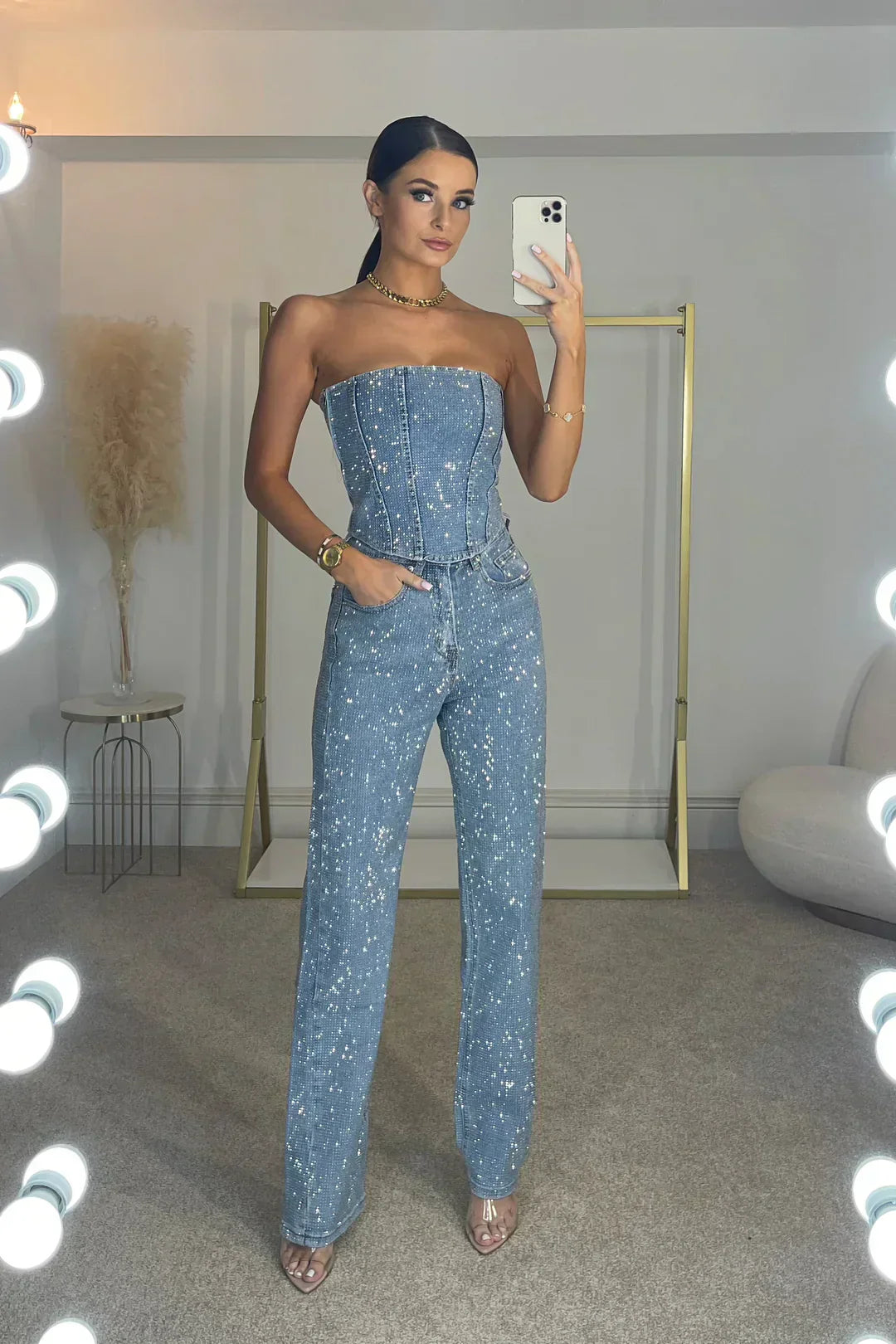 Strapless Rhinestone Embellished Corset Straight Leg Set