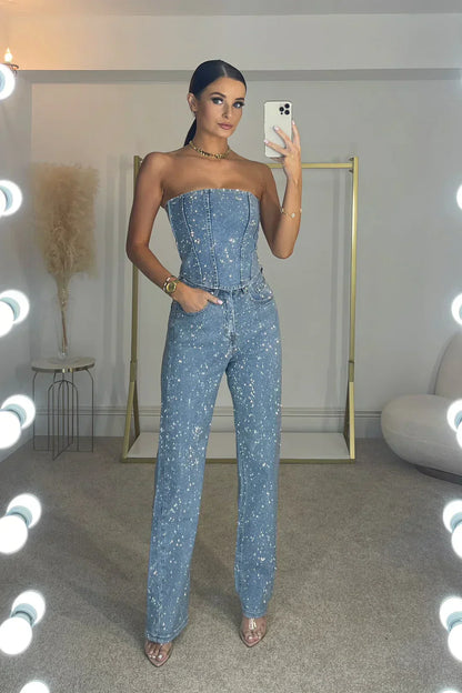 Strapless Rhinestone Embellished Corset Straight Leg Set