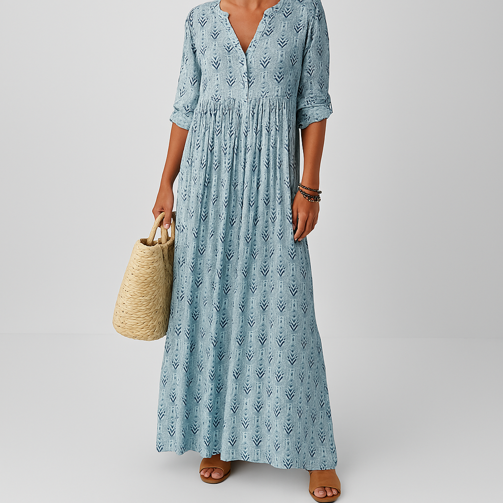Patterned Print V Neck Tiered Collared Maxi Dress