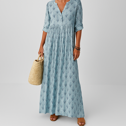 Patterned Print V Neck Tiered Collared Maxi Dress