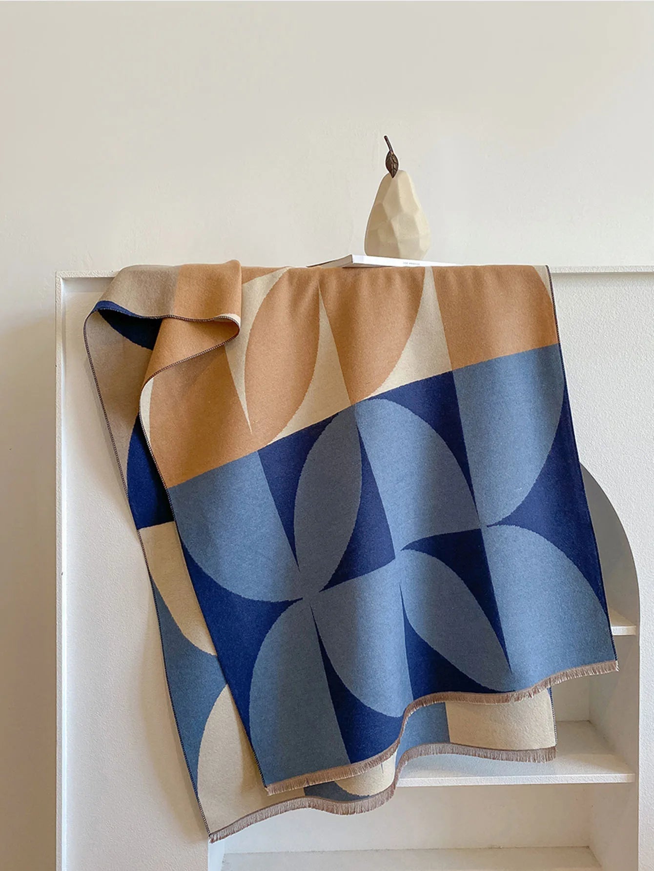 Geometric Curved Fringed Rectangular Long Scarf