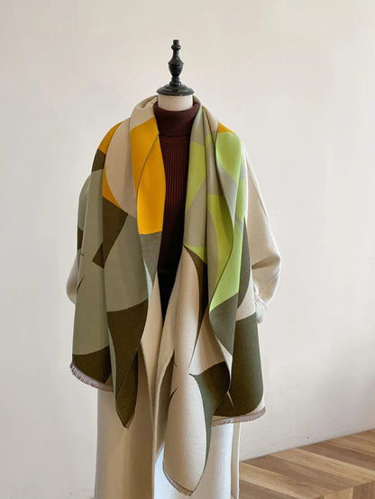 Geometric Curved Fringed Rectangular Long Scarf