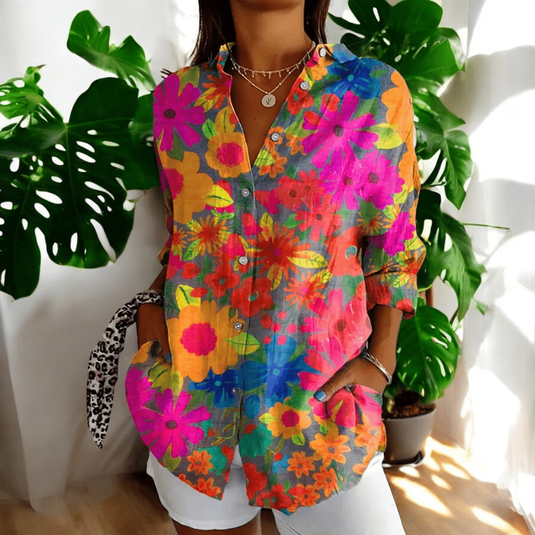 Buttoned Loose Long Patterned Blouse