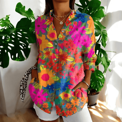 Buttoned Loose Long Patterned Blouse